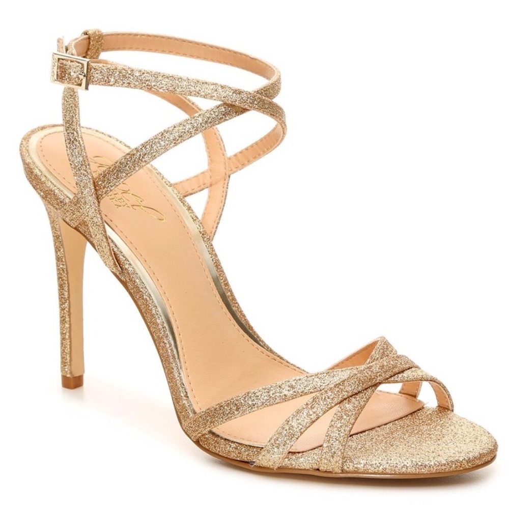 Jewel Badgley Mischka Ambre Strappy gold glitter stiletto Sandals Size 10